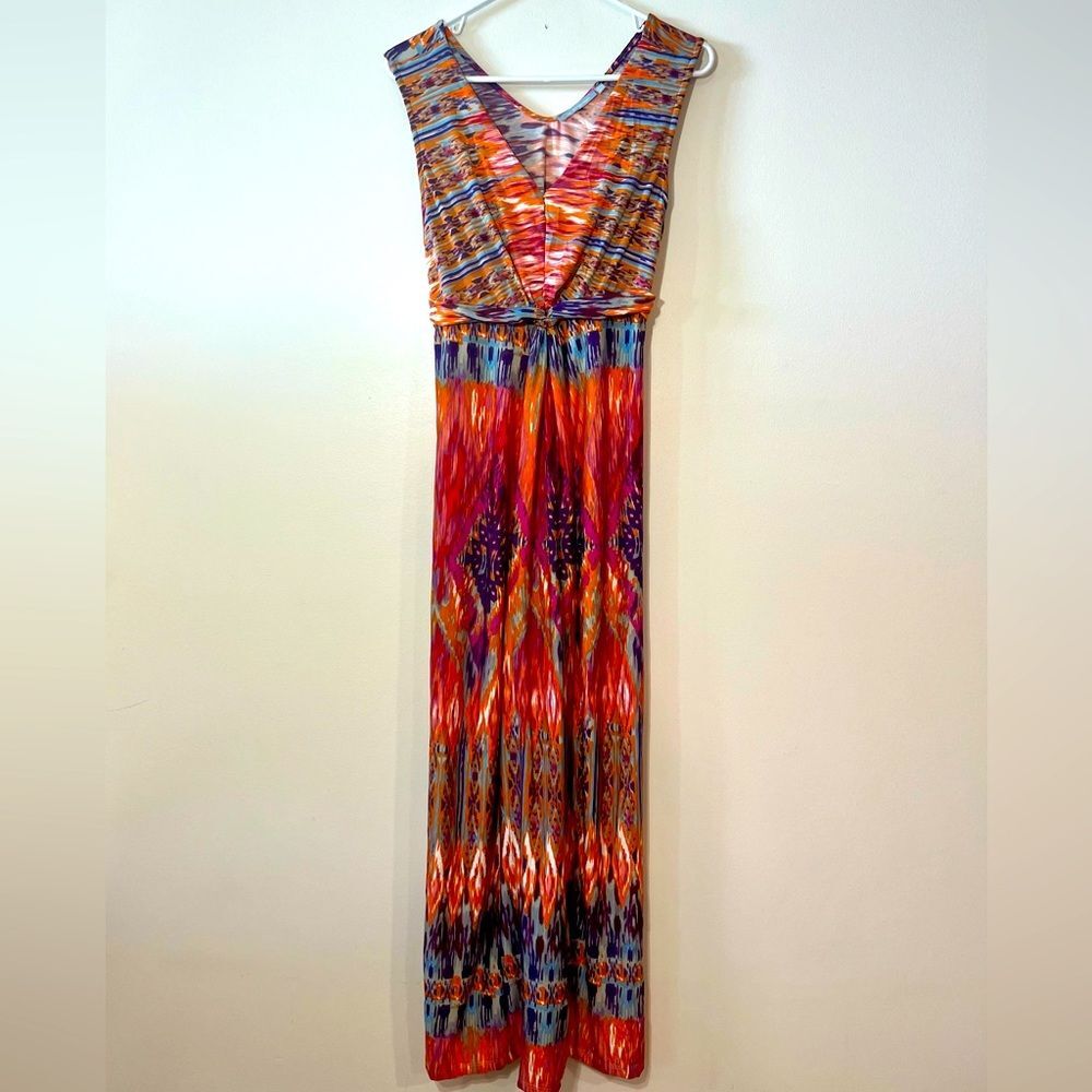 NY Collection Maxi Dress V-Neck Sleeveless Red Multi-Colored‎ Size XL